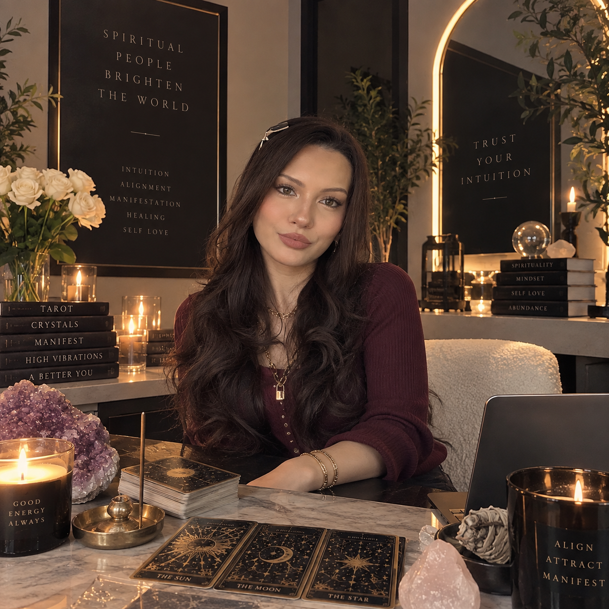 Aubrie, psychic advisor, seated at her candlelit reading table with tarot cards and crystals