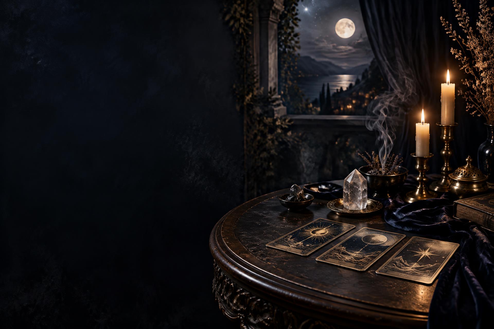 Candlelit spiritual reading table beneath the moon